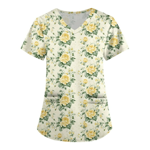 Scrubs for Women,V-Neck Scrub Tops with Floral Print - 2-Pocket Stretchy Scrubs with Convertible V-Neck - Beige - XXXL