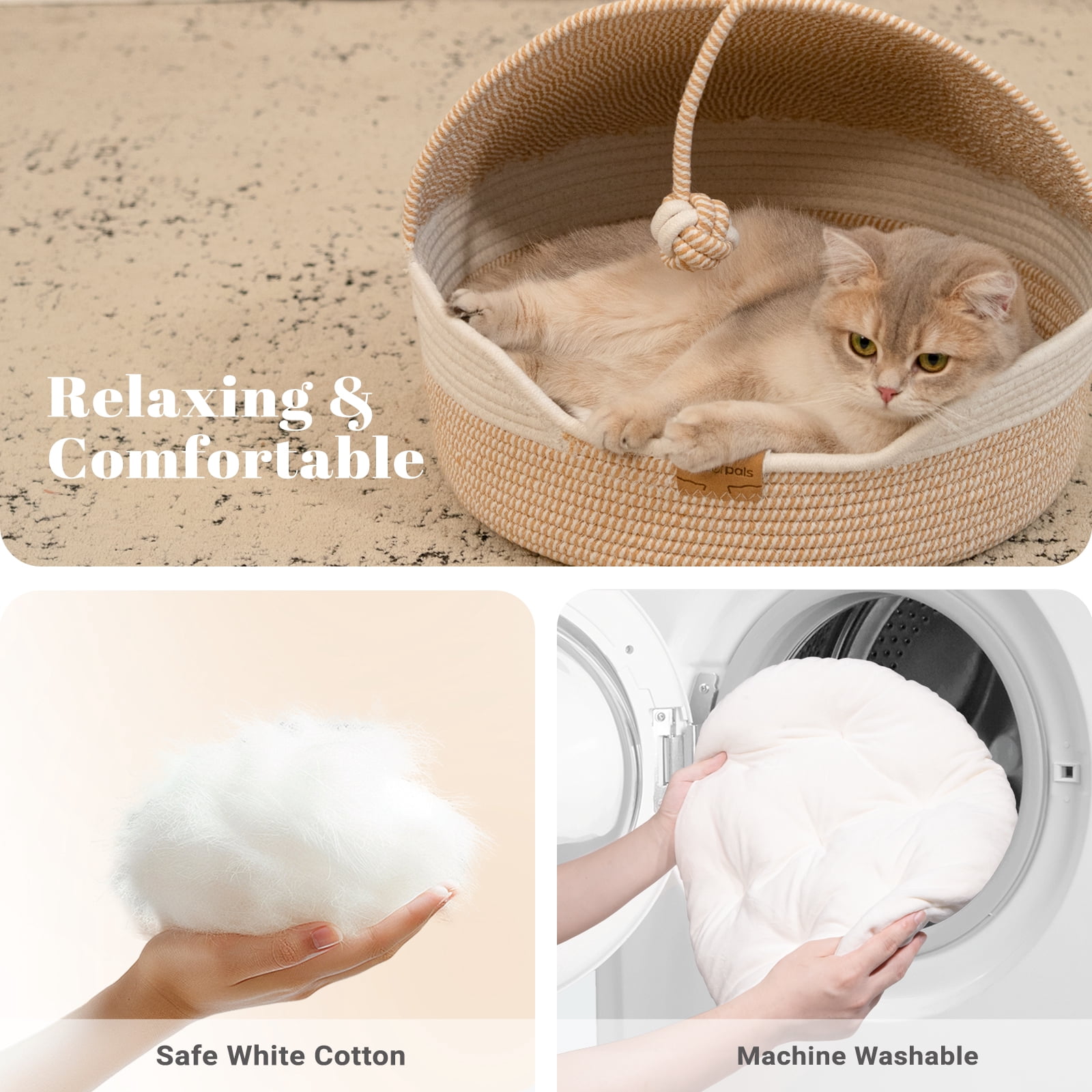 Cheerpals 3-in-1 Cat Bed, Hand-Woven Cat Cave with Washable Cushion & Toy Ball, Durable Cat Scratcher for Year-Round Use