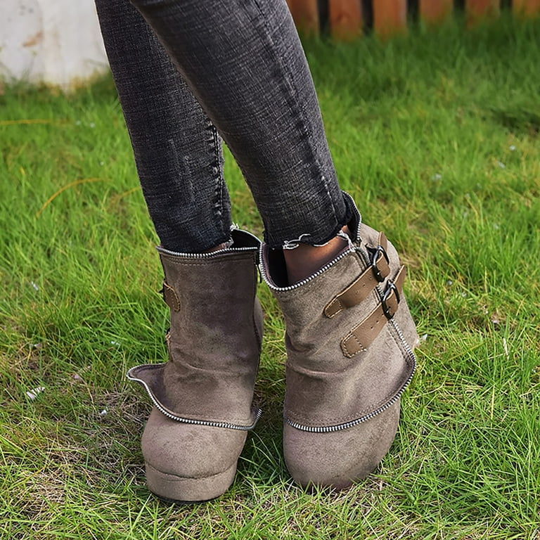 Chenyee Ankle Boots for Women Vintage Buckle Strap Suede Platform