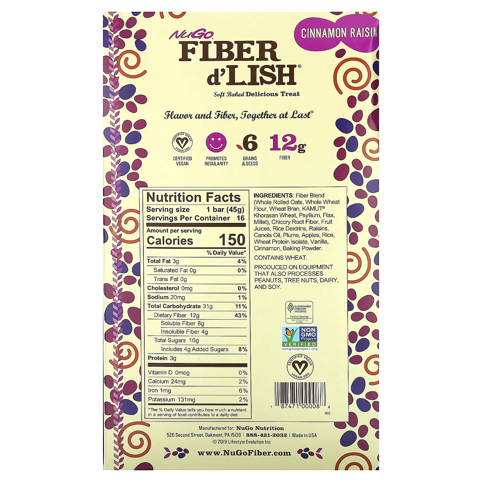 NuGo Fiber d'Lish Cinnamon Raisin, 12g High Fiber, Vegan, 16 Count