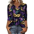 thumbnail image 2 of Mardi Gras Shirts for Women Sparkly Feathers Print V Neck Blouse Carnival 3/4 Sleeve Gold T Shirts Purple S, 2 of 5