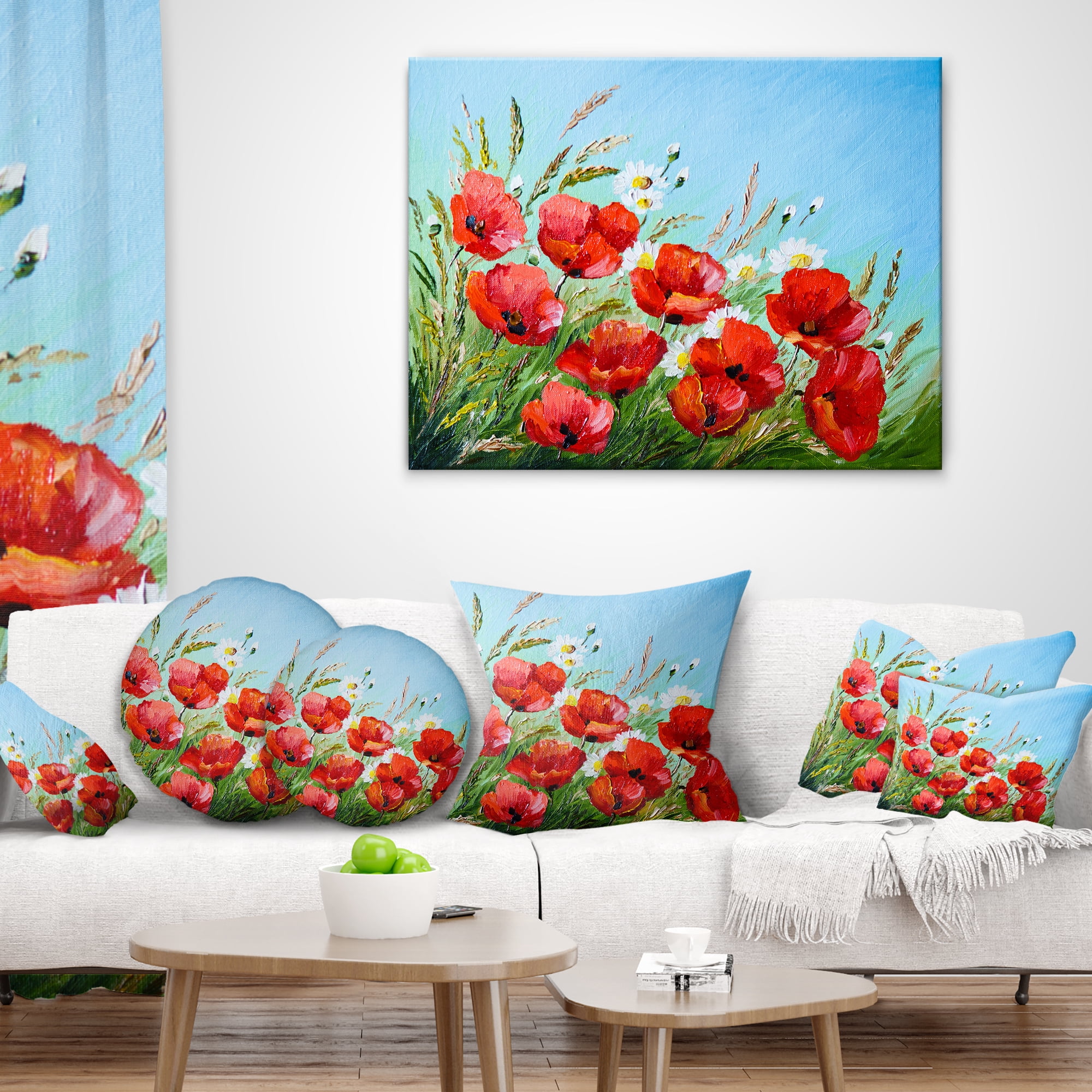 Designart Poppies in Field against Blue Sky - Floral Throw Pillow - 18x18