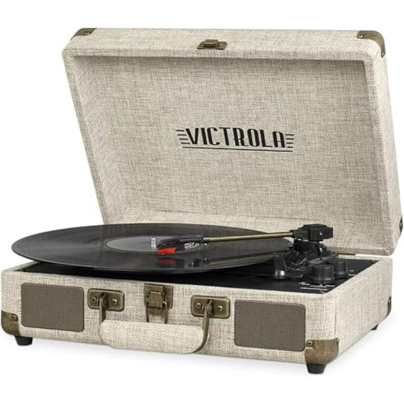 Victrola Vintage Tocadiscos portátil Bluetooth de 3 velocidades con altavoces incorporados | Sonido de audio del tocadiscos mejorado | Incluye lápiz óptico adicional | Lino beige claro