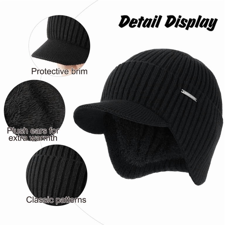 Men & Women Black Beanie with Brim and Ear Flaps Fleece-Lined Hat WMCAPS Winter Beanie with Brim and Ear Flaps, Outdoor Warm  main image 2