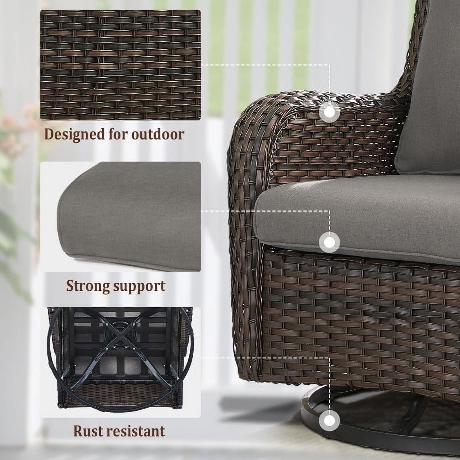 6 Piece Patio Furniture Set with 41" Fire Pit Table, Outdoor All Weather Wicker Rattan Furniture with Swivel Rocking Chairs, Ottomans and 3-Seat Sofa for Backyard Balcony Deck, Gray/Brown
