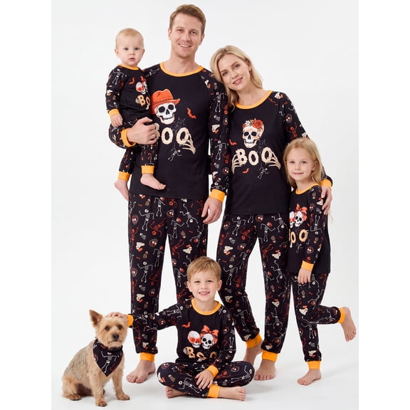 DAKIMOE Halloween Pajamas Family Matching Sets Soft Skull Skeleton Halloween Print Long Sleeve PJs Set Outfits Loungewear Sleepwear for Adult Men Women Kids Toddler