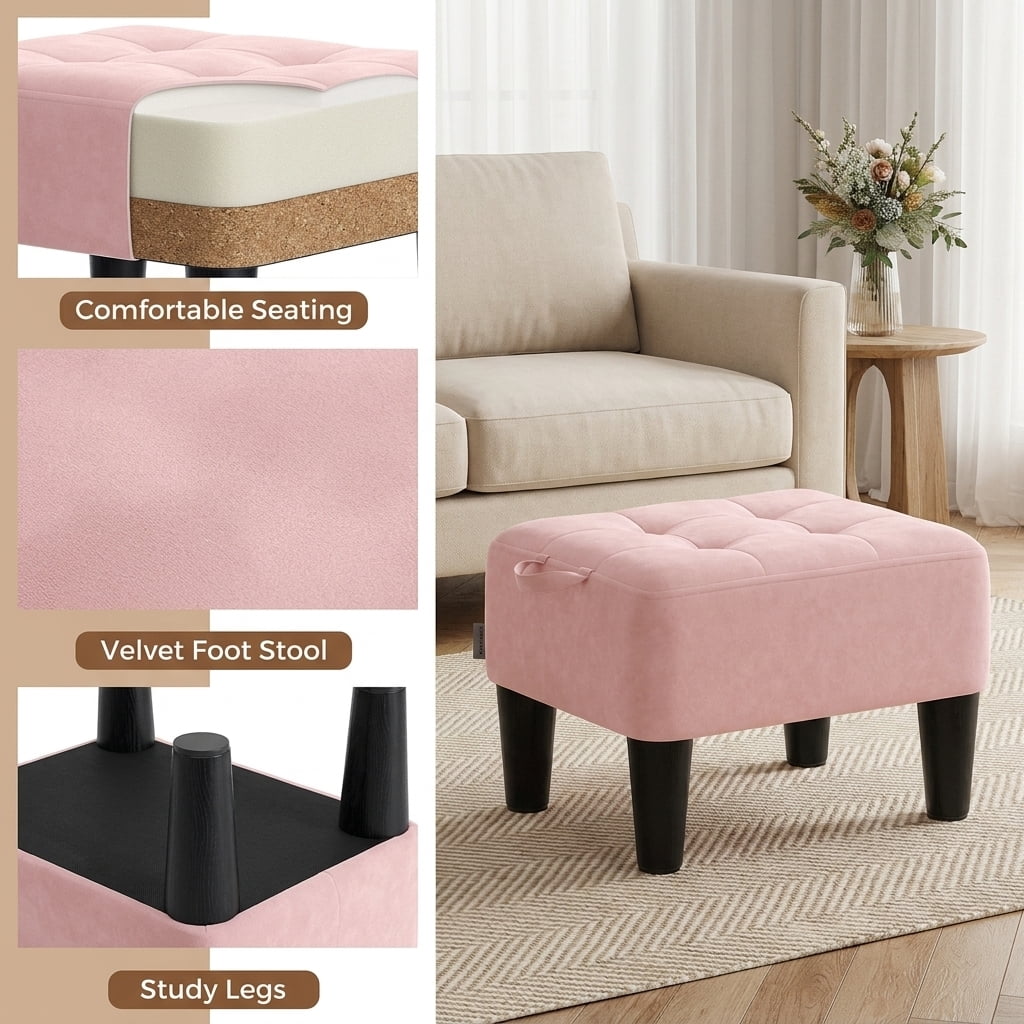 Ledrem Small Ottoman Foot Stool with Thick Cushion and Sturdy Angled Legs, Jelly Pink