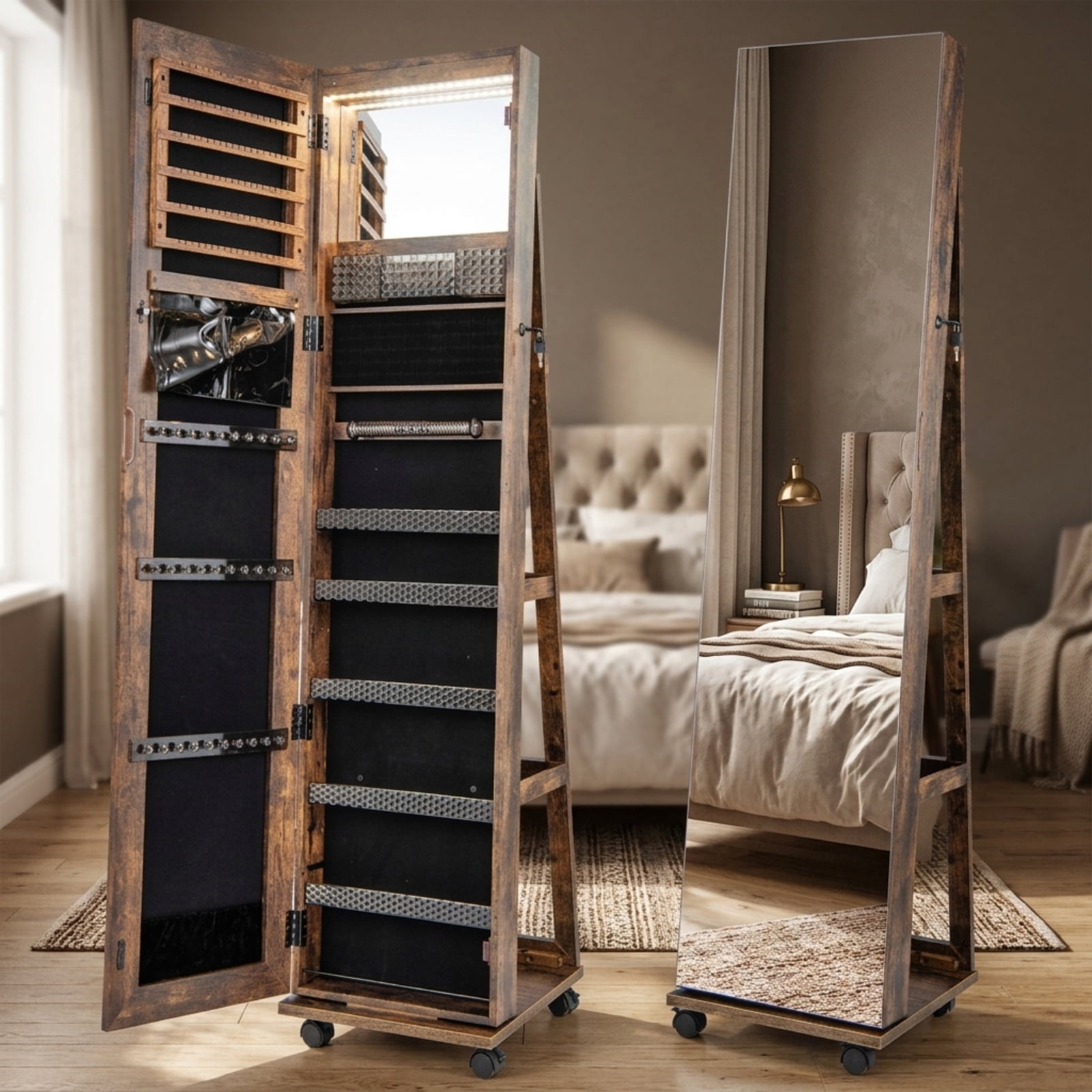 Furnibear 64 Inches Lockable Jewelry Cabinet Armoire with Built-in Makeup Mirror for Bedroom Dressing Room Jewelry Necklace Rings Storage, Coffee