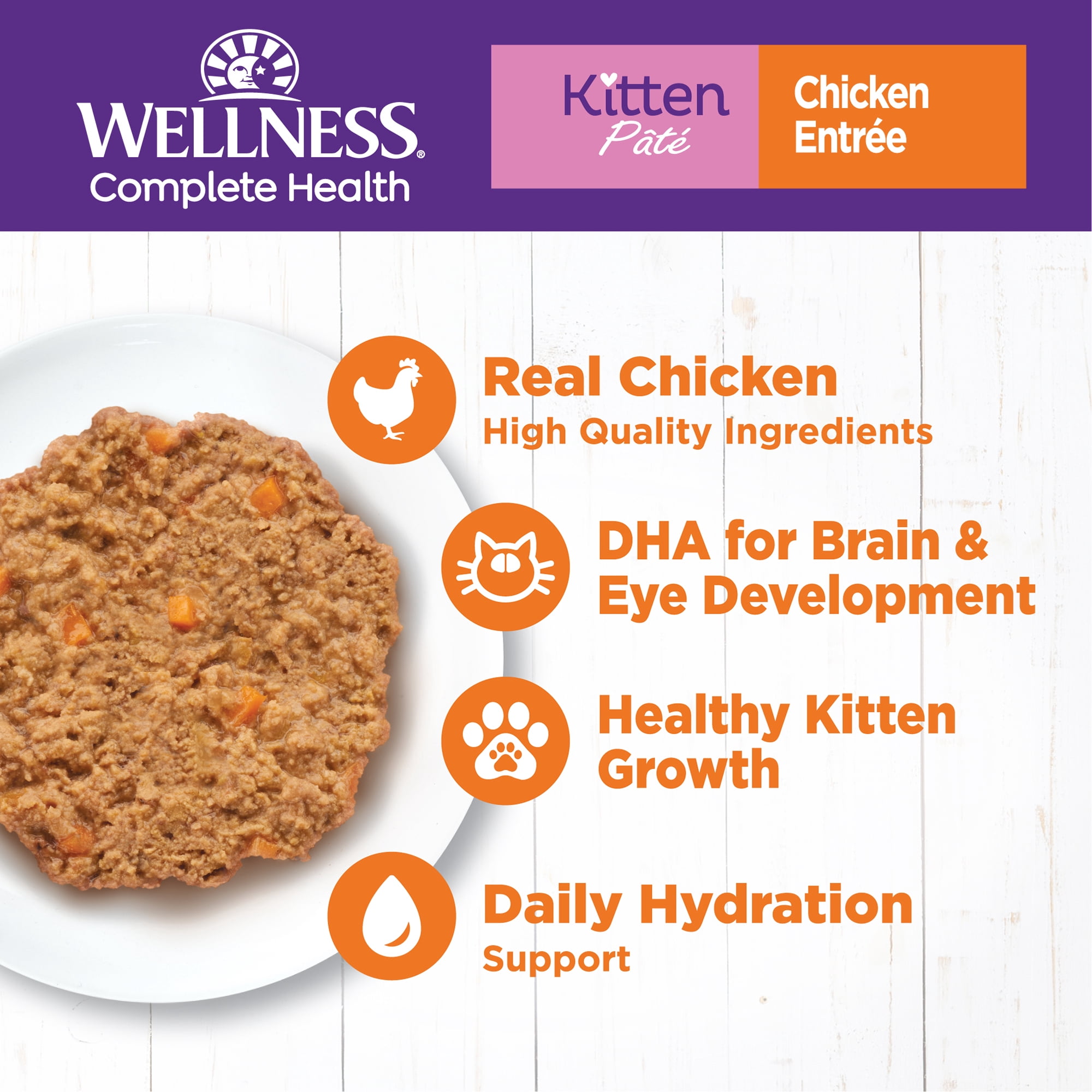 Wellness Complete Health Pate Kitten Canned Wet Cat Food, Natural, Protein Rich, Grain Free, Chicken Entrée Recipe, 5.5 oz, Pack of 24 Cans