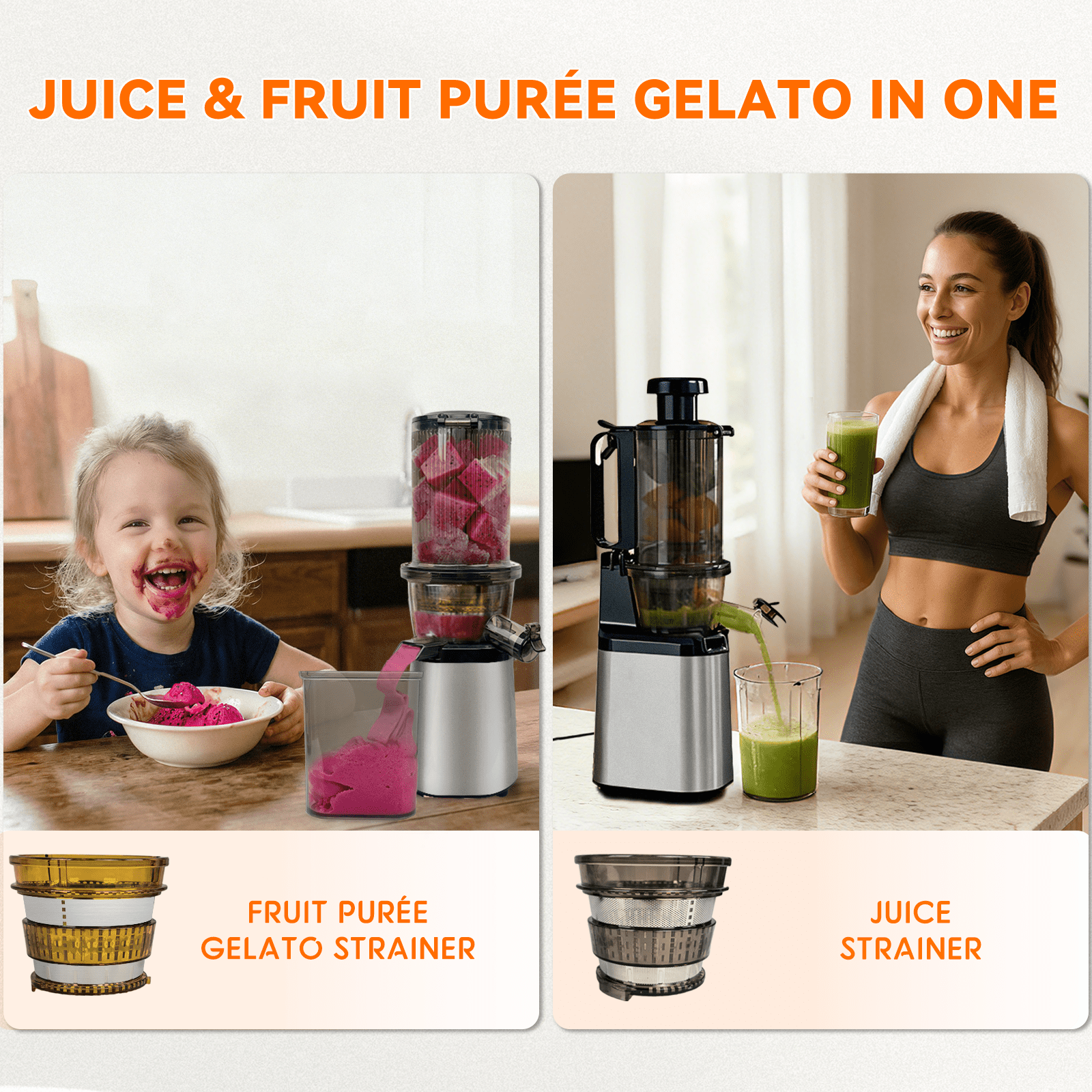 HYSapientia Cold Press Juicer Machines with Fruit Puree & Gelato Function,Slow Masticating Juicer for Fruits & Vegetables, 4-Inch Wide Chute, 1000ml Cup, Easy Clean