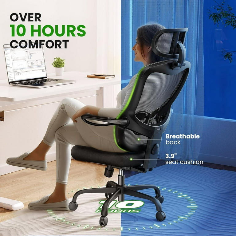 Ergonomic Office Chair Big and Tall 350LBS Capacity 6 5 Tall Max Computer Desk Chairs Over 10 Hours Comfortable with Adjustable Mesh High Back Lumbar Support 3D Headrest Flip up Arms Walmart