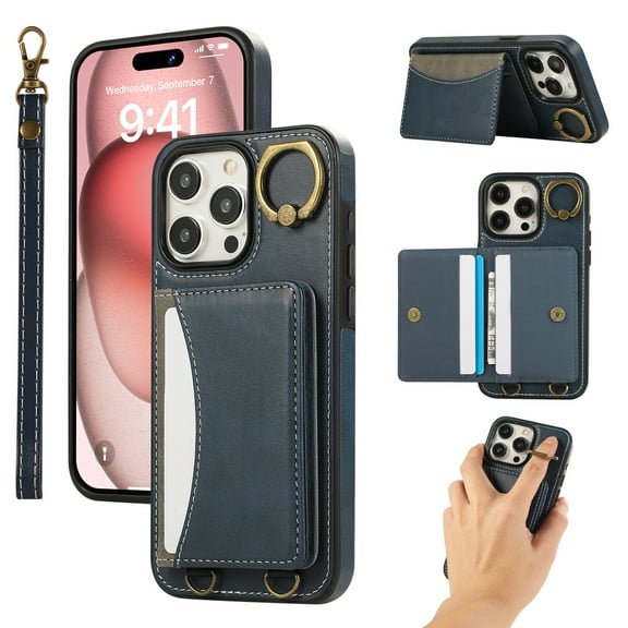 for iPhone 11 Pro Wallet Case with Card Slots, Hand Wrist Strap Rotate Ring Design, Finger Grip Ring PU Leather Magnetic Button Shockproof Purse Phone Cover for iPhone 11 Pro, Blue