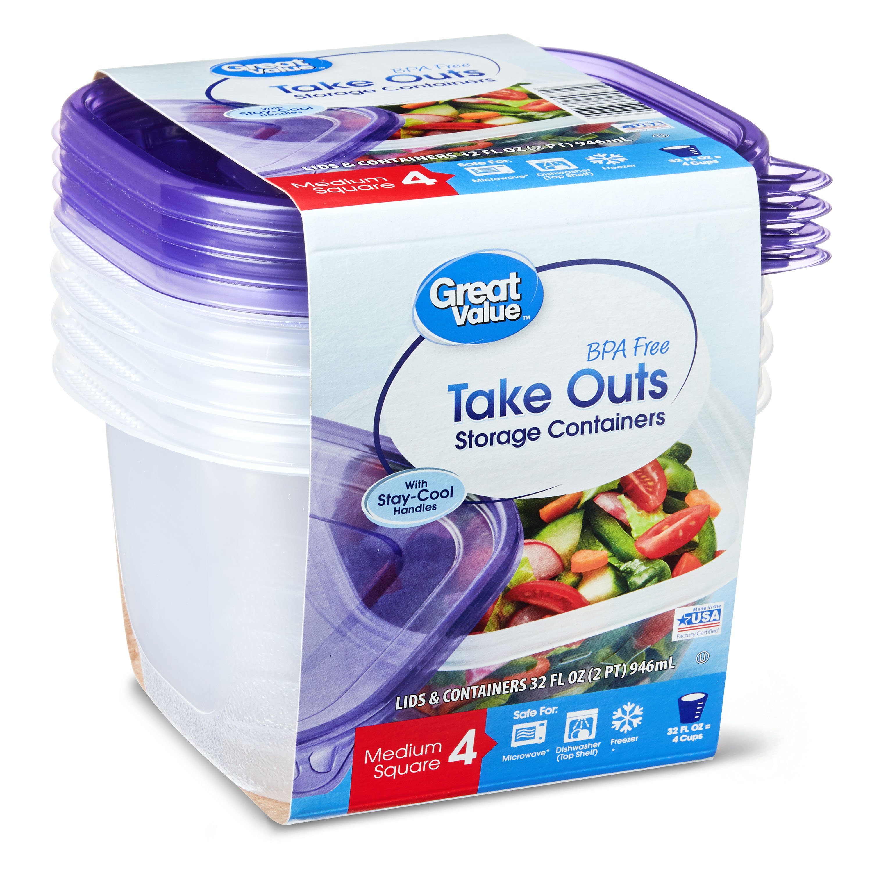 Great Value BPA Free Take Outs Storage Containers with Lids, Medium