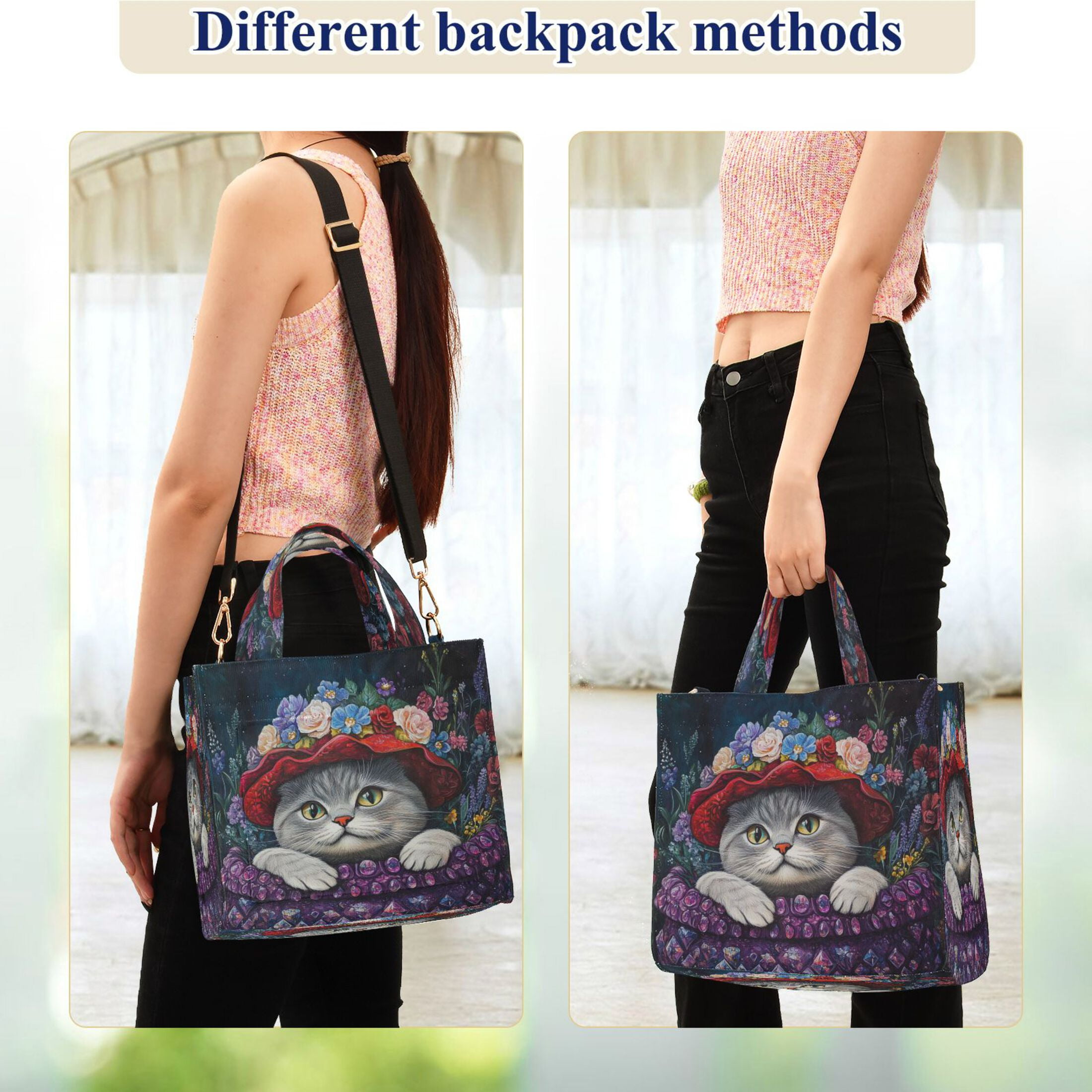 Wobogo Cute Cat Wearing Wreath Corduroy Tote Bag for Women Travel Crossbody Bag Purse Women Shoulder Bags Work Handbags Daily Commuter Bag 10.2×9inch