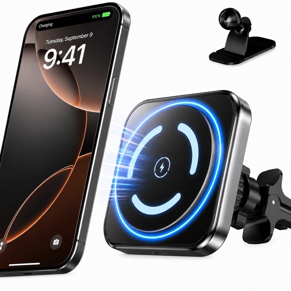 Car Magnetic Wireless Charger - Car Mount Fast Charging Air Vent Phone Holder Mount for iPhone 17/16/15/14/13/12 - Black