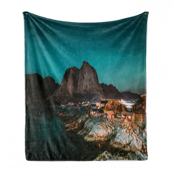 Night Ocean Soft Flannel Fleece Blanket, Aurora Borealis with Fishermen Village Hamnoy Norway Landscape Scene, Cozy Plush for Indoor and Outdoor Use, 70" x 90", Teal and Multicolor, by Ambesonne