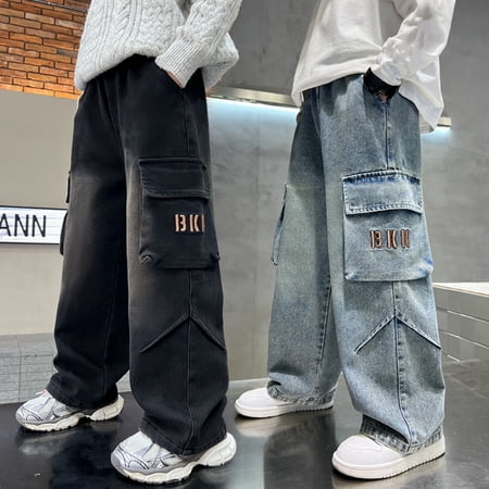 LRen Boys Baggy Jeans High Waisted Stretch Elastic Waist Wide Leg Denim Pants Boy Lightweight Soft Comfy Fashion Trousers Streetwear with Pockets Black 4-5 Years