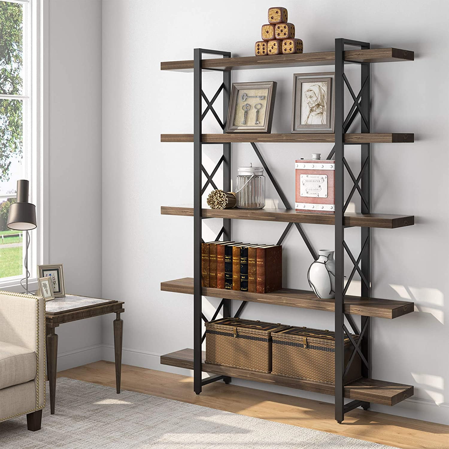 Tribesigns Rustic 5Tier Large Open Solid Wood Etagere Bookcase