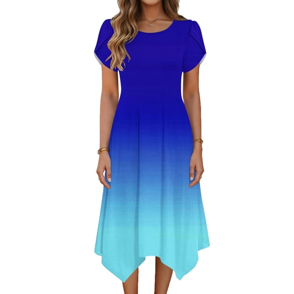 Xdegoge Elegant Midi Dress for Women Asymmetrical A Line Crewneck Short Sleeve Summer Dress Ombre with Pockets Vacation