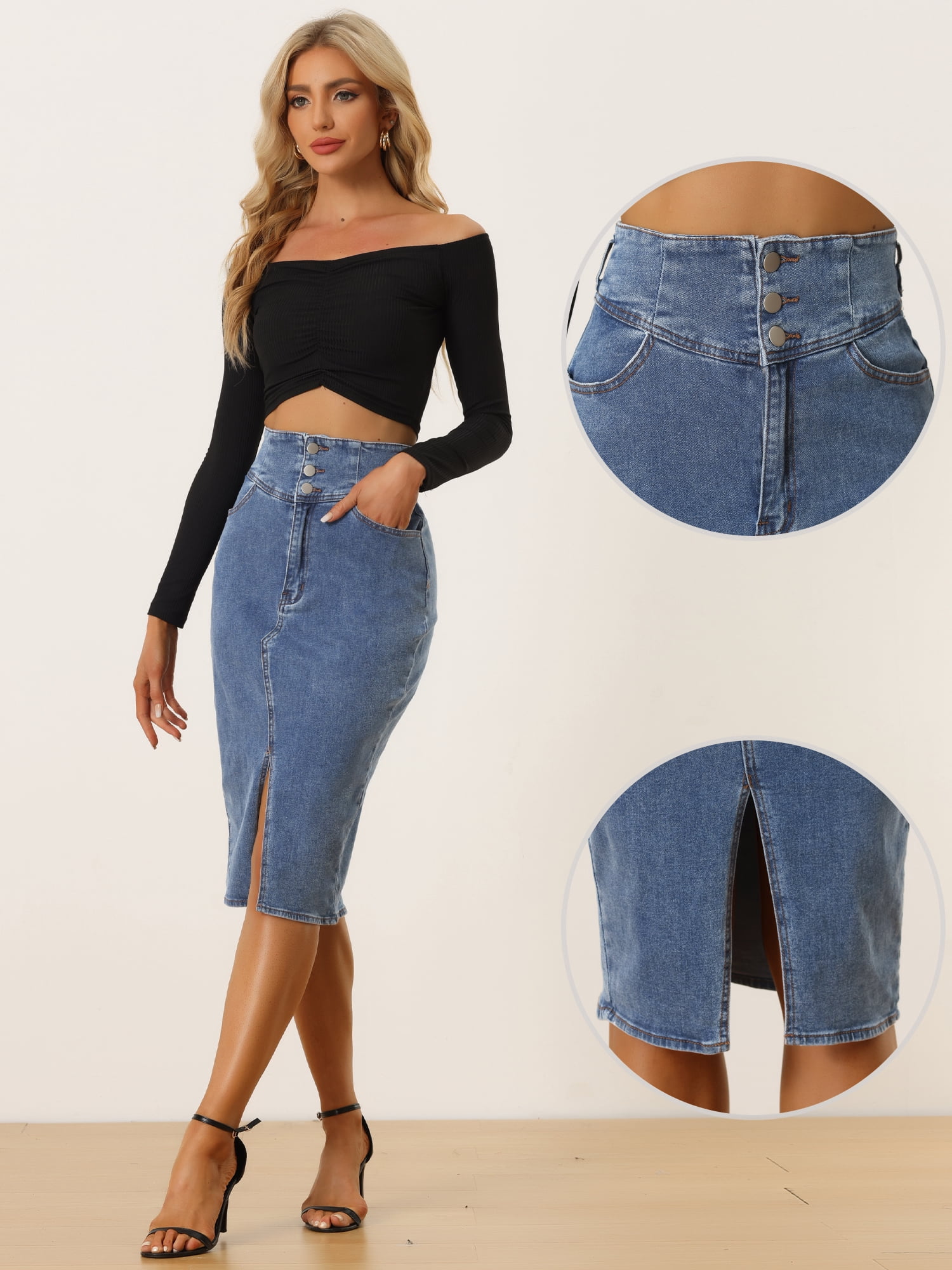 DARING DIVA Women's Denim Split Hem Pencil Jean Midi Skirts XS Blue