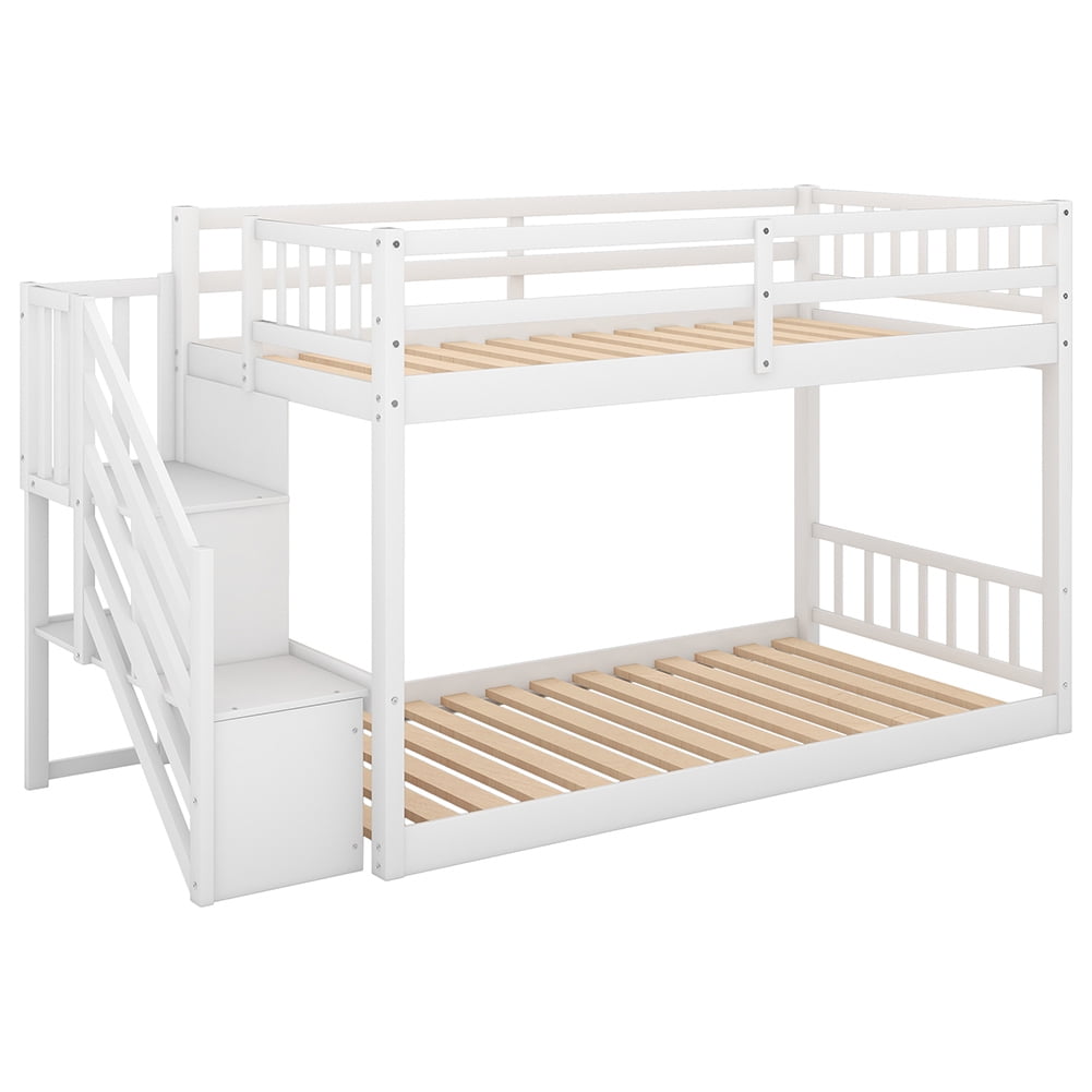 Kadyn Twin over Twin Floor Bunk Bed, Small Space Kids Bed with Storage Stairs, White