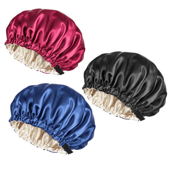 3pcs Double Layer Satin Sleeping Bonnet Caps for Women - Solid Color Button Adjustable Hair Hat Accessories for Curly, Long & Natural Hair