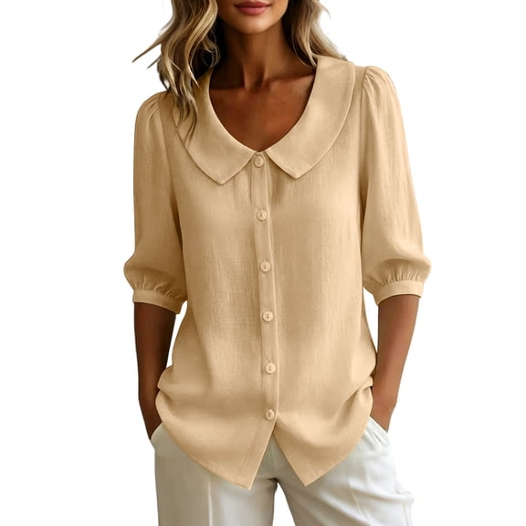 hotojiny Women Blouses Dressy Casual Lantern 3/4 Length Sleeve Tops Collared Button down Shirt Spring Summer Beach Vacation Clothes