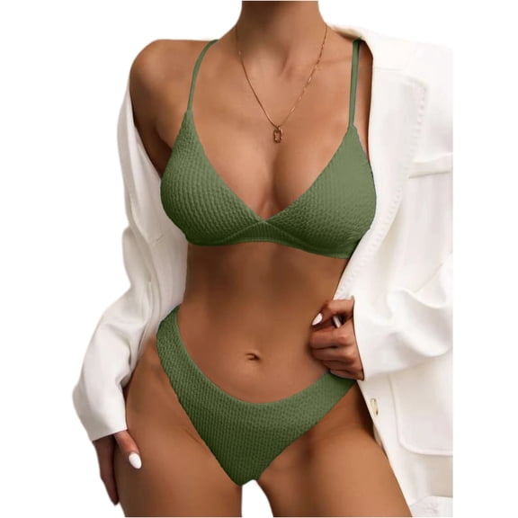Women Two Piece Bikini Set Ribbed Triangle Top High Waist Swimsuit Adjustable Straps Bathing Suit for Beach Pool Army Green L
