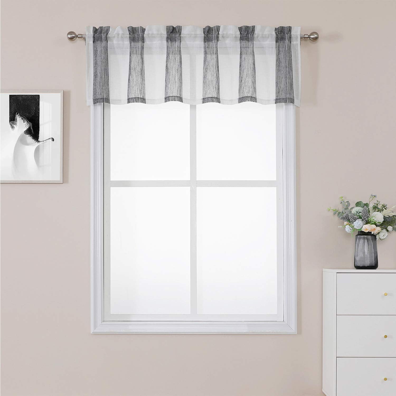 HOMERRY Black and White Curtain Valance for Kitchen, Vertical Stripe Window Treatment Sheer ...