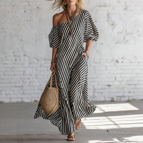 ClodeEU Women's Asymmetrical Off Shoulder Puff Sleeve Striped Maxi Dress,Casual Loose Fit Boho Maxi Dress Black,Women's Plus L