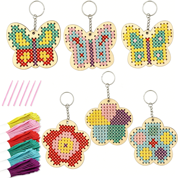 TUWAFE Wooden Cross Stitch Kits for Kids,Make Your Own 6 Cross Stitching Keyrings,Wood Sewing Kit,Arts & Crafts Butterfly,Flower Ornaments,Embroidery Kit for Beginners,Girls,6-13