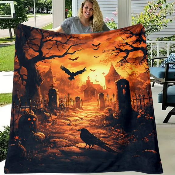 1pc Halloween Night Horror Cemetery Flannel Blanket - Spooky Graveyard Scene with Haunted House, Bats & Tombstones, Soft All-Season Indoor/Outdoor Throw for Camping, Sofa, Bed, Office - Bohemian Styl
