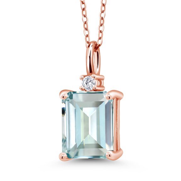 Gem Stone King 18K Rose Gold Plated Silver Sky Blue Simulated Aquamarine Pendant Necklace for Women (4.26 Cttw, Gemstone Birthstone, Emerald Cut 10X8MM with 18 inch Silver Chain)