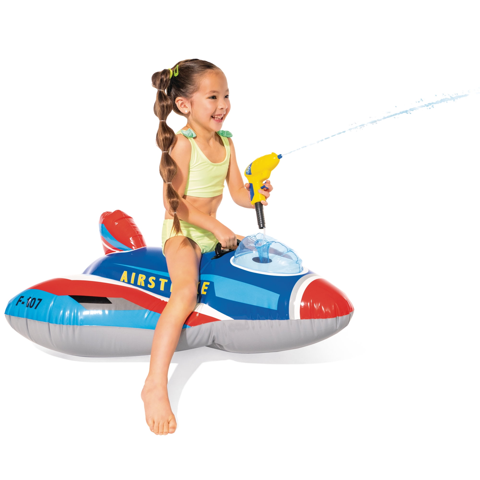 Intex: Jet Fighter Plane Pool Float - Assorted Color, Red OR Blue - Inflatable Ride-On, Attached Water Blaster, Pool & Water Play, 88lb Cap, Kids 3+