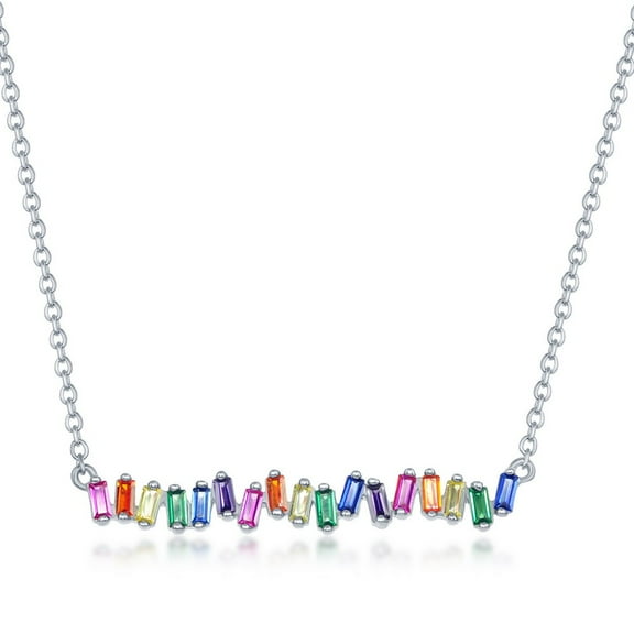 Sterling Silver Rainbow Baguette Cubic Zirconia Bar 16 2" Necklace
