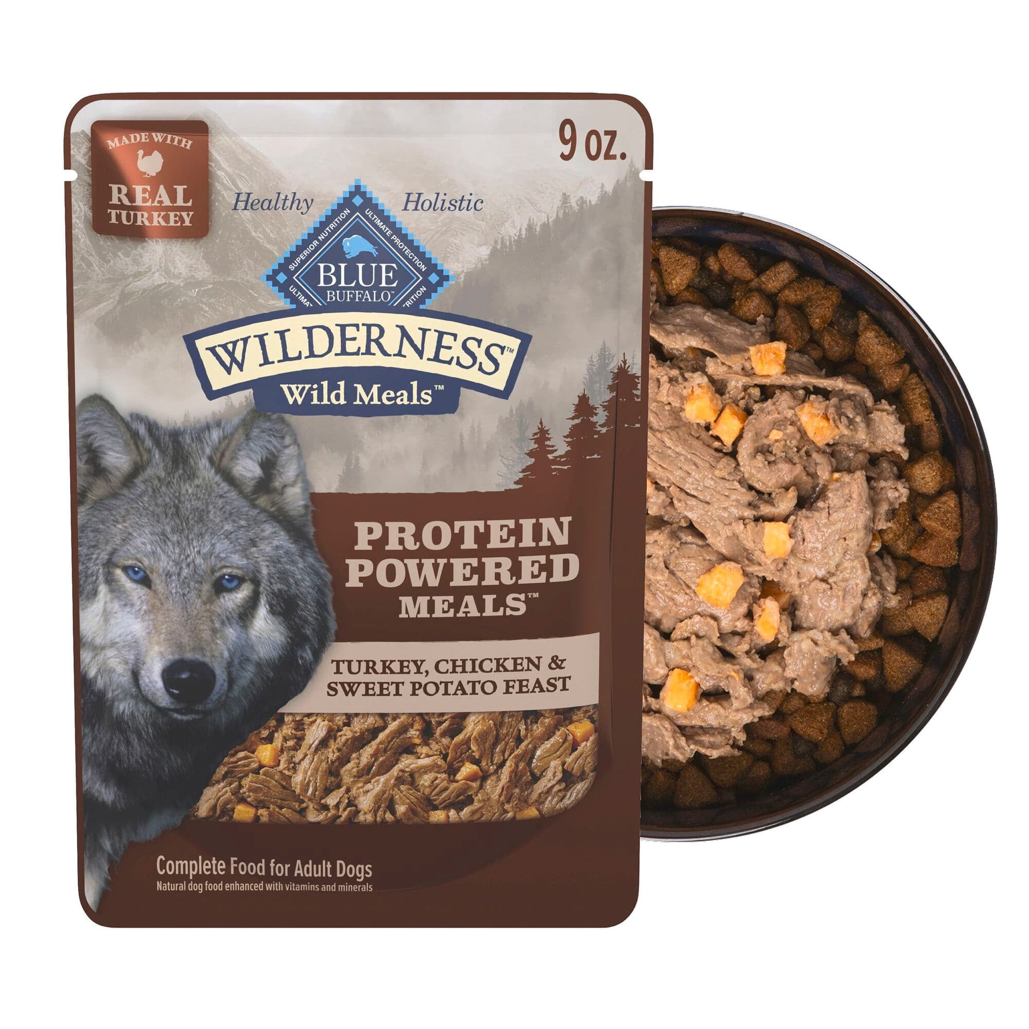 Blue Buffalo Wilderness Wild Meals Protein Powered Meals, Turkey, Chicken & Sweet Potato Feast Adult Wet Dog Food, 9 oz.,Case 12