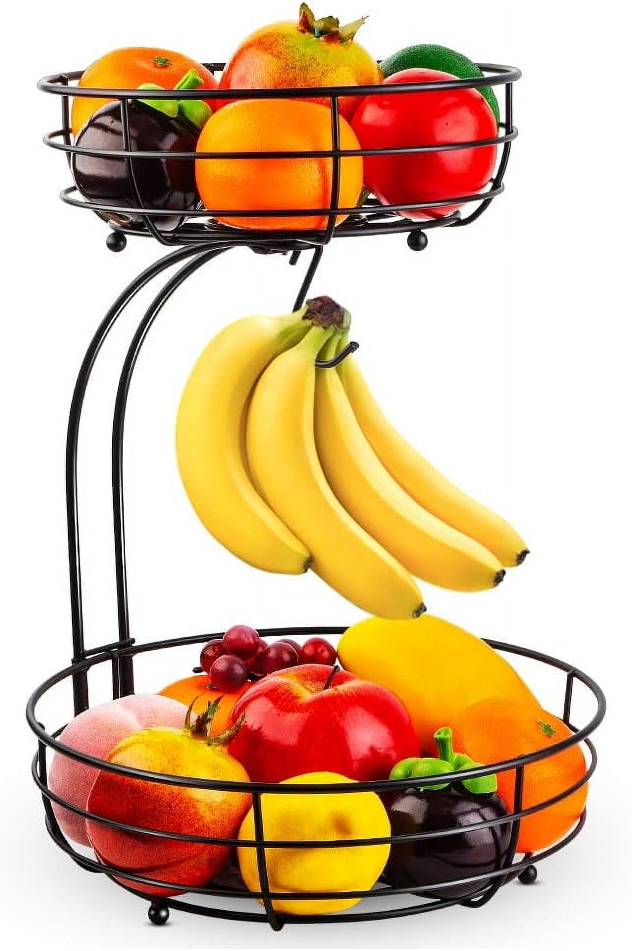 Iron 2-Tier Countertop Fruit Basket. Storage with Banana Hanger. Black, 64 Ounces. Stylish and Practical. Organize Your Fruits and Veggies. Durable Iron Construction.