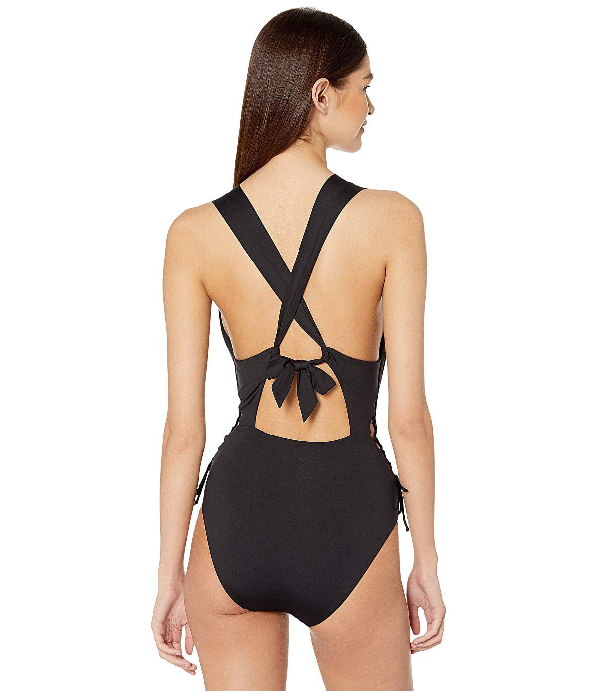 Becca by Rebecca Virtue One Piece Swimsuit V-Neck Plunge Ruffle Neck Bathing Suit Black Medium 