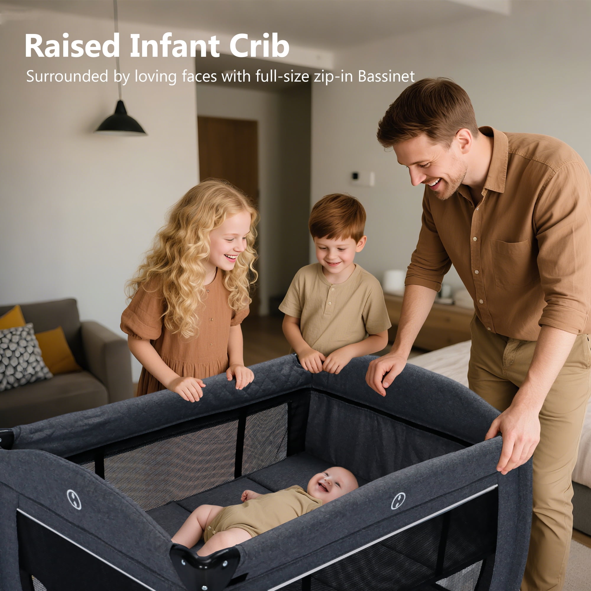 LINLUX Pack  and Play w/ Bassinet & Changing Table, Baby Playard for Toddler, Newborn Crib Baby Bed,Dark Gray