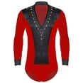 thumbnail image 3 of Raenseen Men's Sparkly Rhinestones Latin Dance Shirt Leotard V Neck Long Sleeve Figure Skating Red L, 3 of 7
