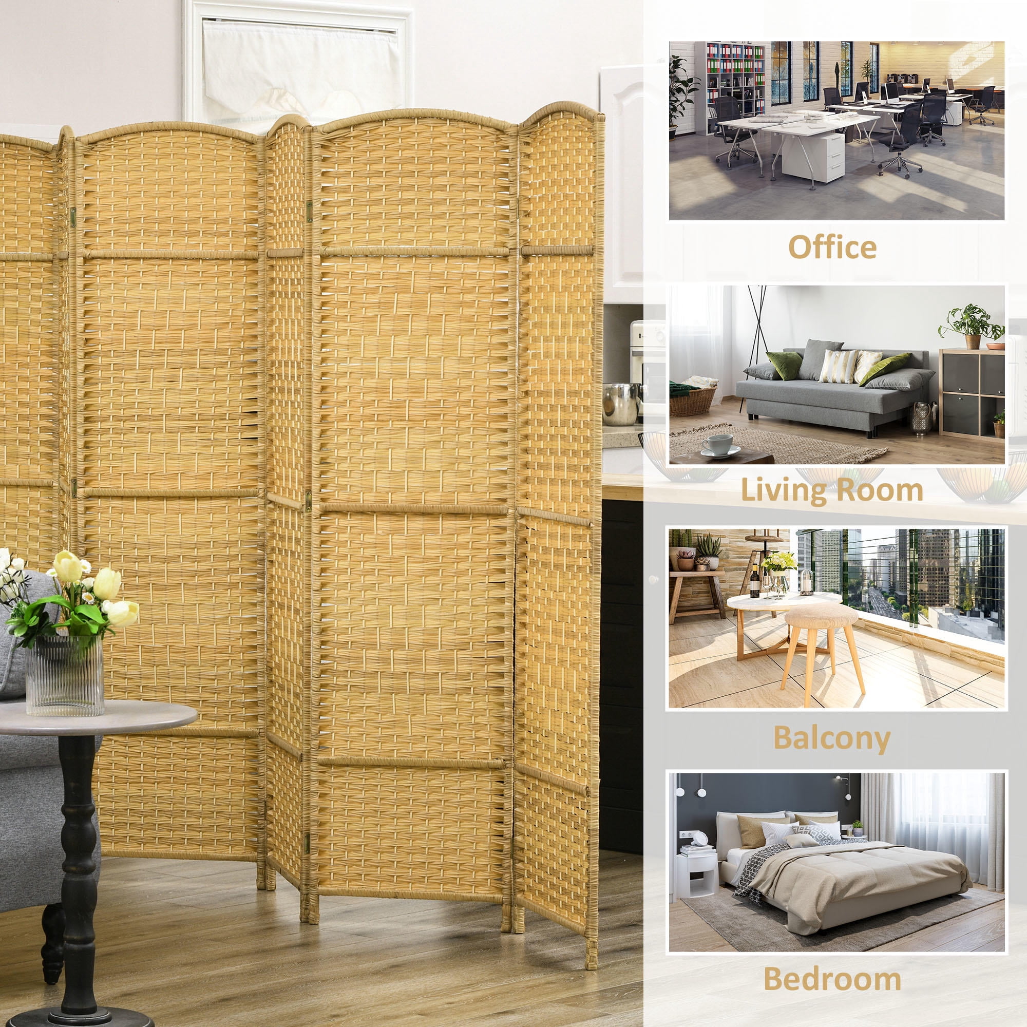 Folding Room Divider Screen 6 Panel 70.9" Tall Privacy Screen Freestanding Wood Partition, Hand-Woven Freestanding Room Separator for Home Bedroom Office, Nature Wood