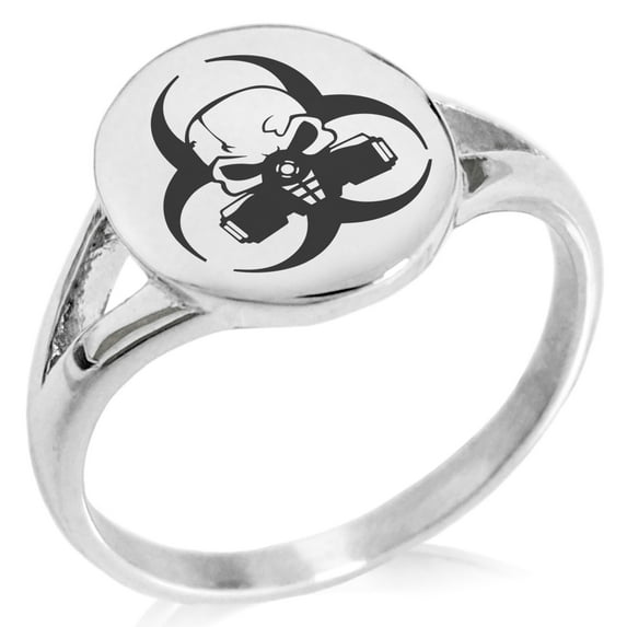 Stainless Steel Biohazard Skull Minimalist Oval Top Polished Statement Signet Ring
