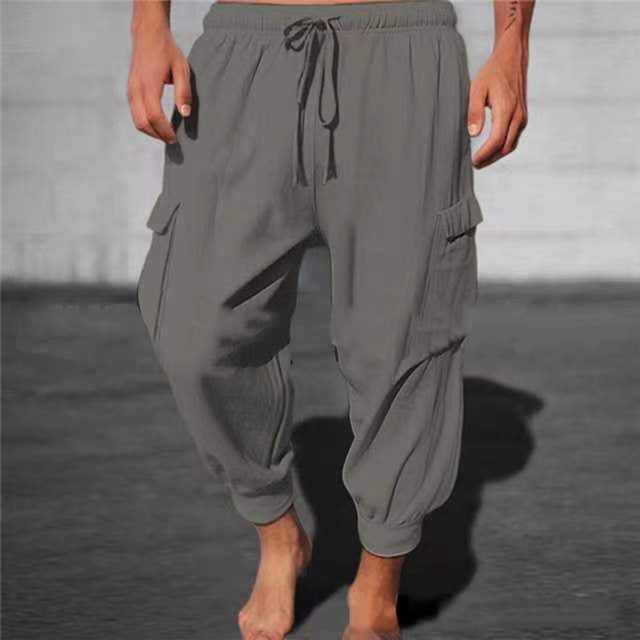Mefallenssiah Men'S Solid Color Sport Loose Threaded Leg Lace-Up Solid Color Cargo Eighths Length Pants