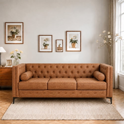 79 Tufted Oversized Sofa Couch Sofas For Living Room with Faux Leather Oversized Modular Sofa with Metal Legs for apartment Brown