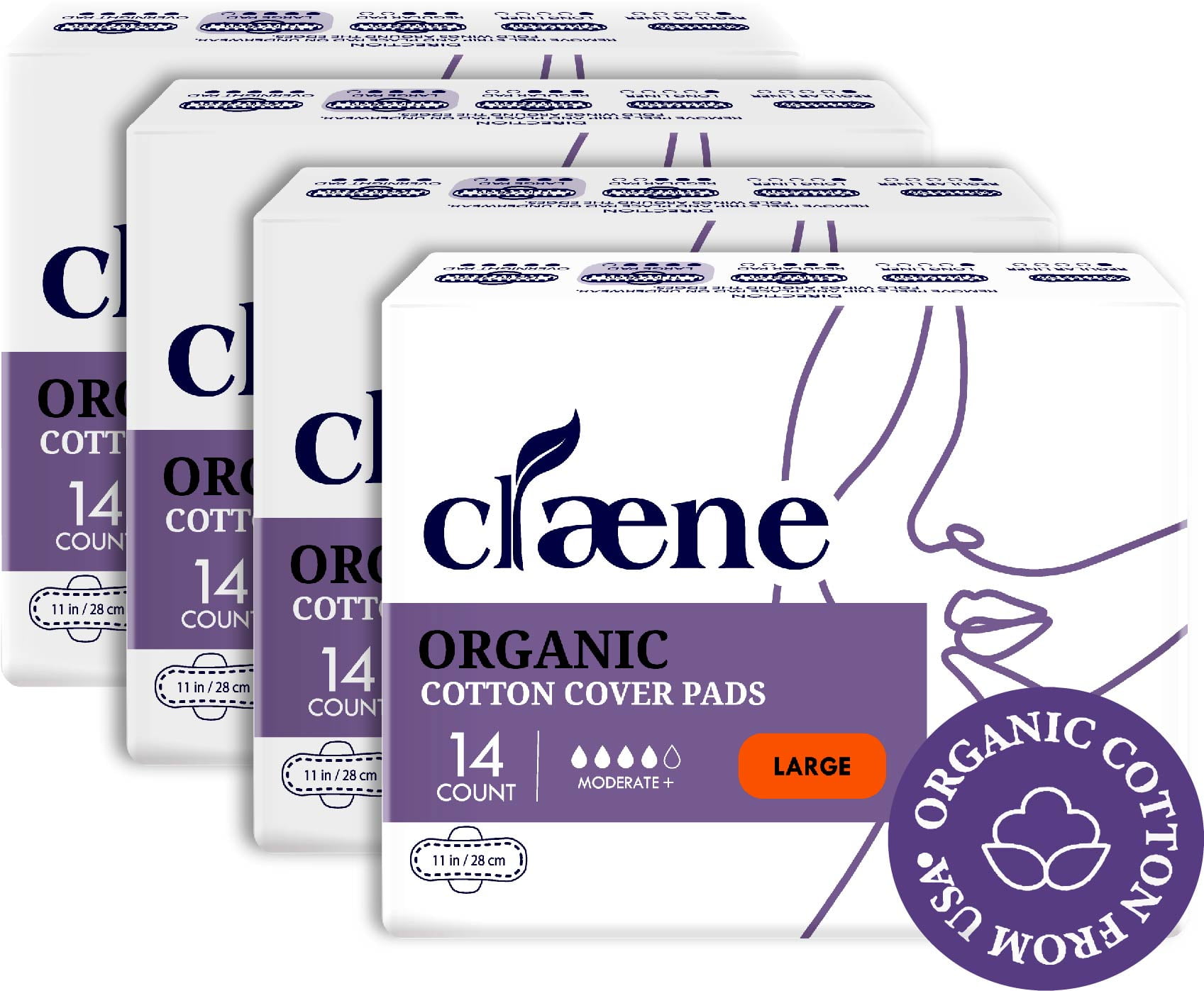 Claene Organic Cotton Cover Pads, Cruelty-Free, Menstrual Large Pads for women, Unscented, Breathable, Vegan, Natural Sanitary Napkins with Wings (Large, 4 Pack, Total 56)
