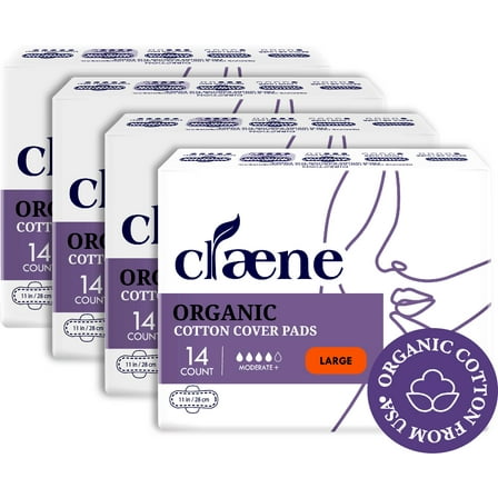 Claene Organic Cotton Cover Pads Natural Sanitary Napkins with Wings 4 Pack