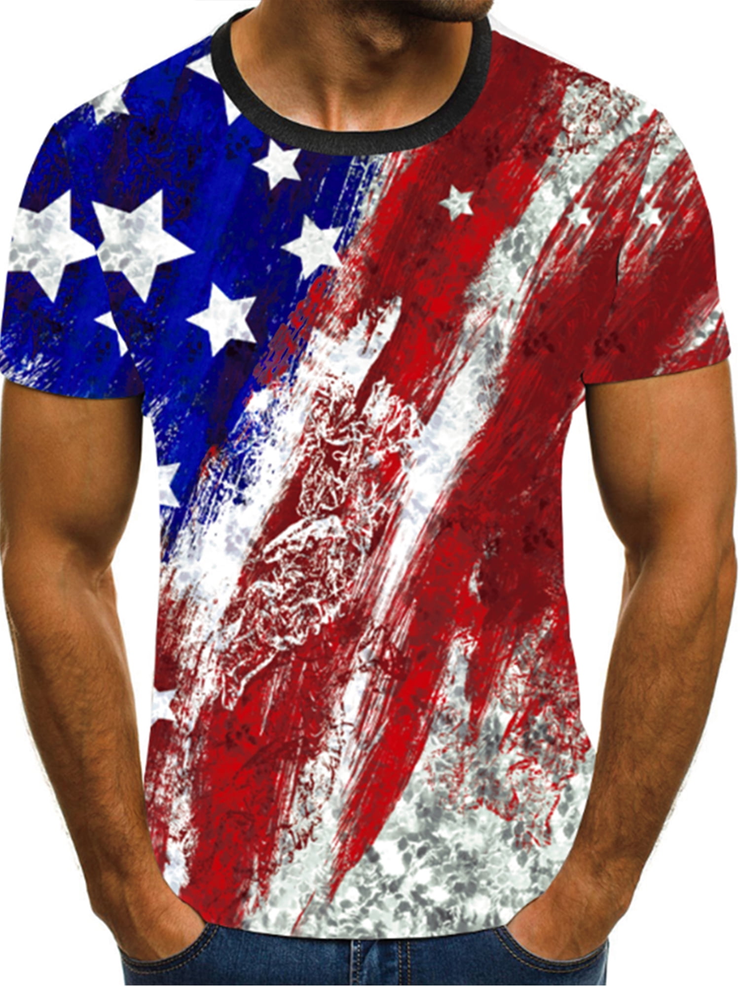 DYMADE Mens American Flag Short Sleeve Round Neck 4th July Patriotic T ...