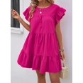 thumbnail image 6 of Hot Pink Solid Ruffle Hem Smock Dress With Flutter Sleeves For Casual Holiday Wear, 6 of 6