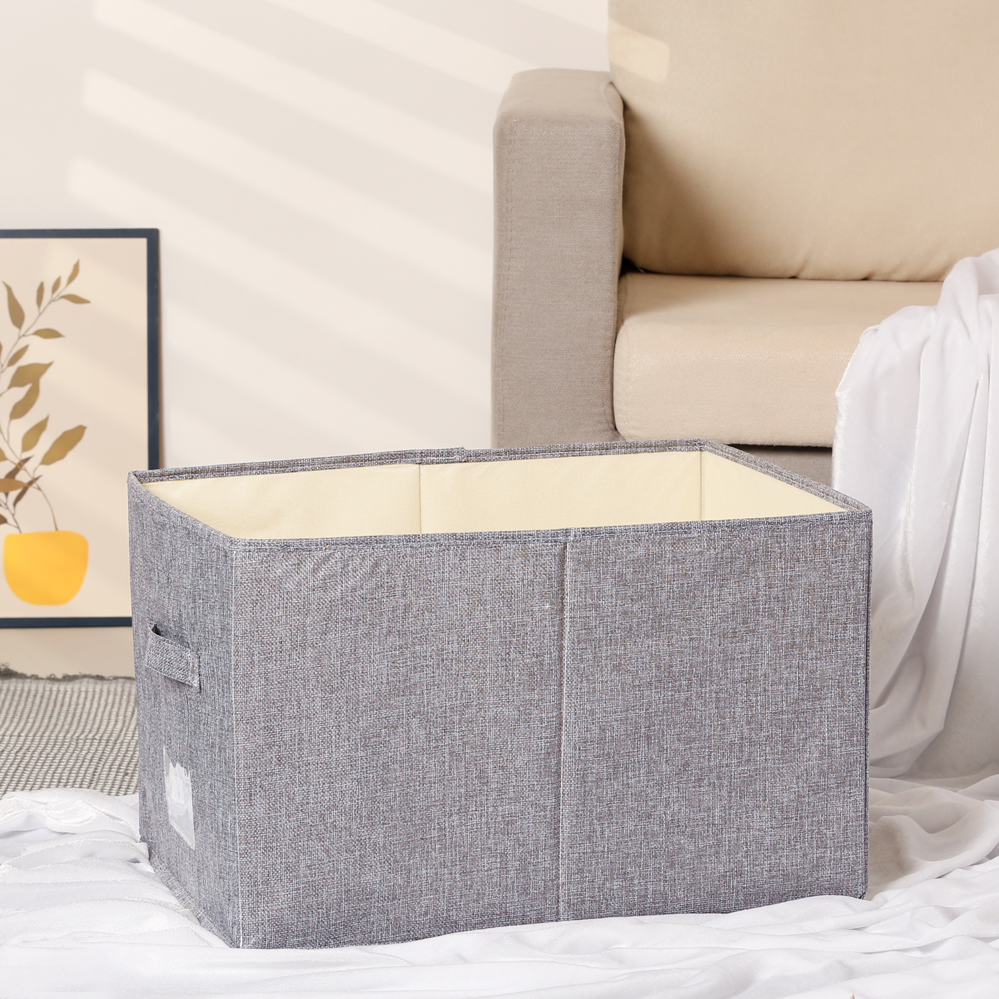Unique Bargains Storage Cube Fabric Bin with Handles for Shelves Basket Grey 19*14*12in