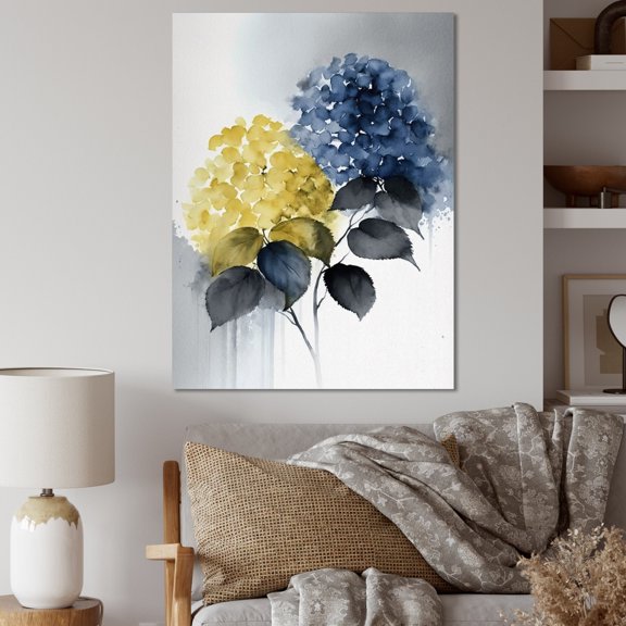 DESIGN ART Designart "Yellow Hydrangea Blooms" Floral Hydrangea Canvas Art Print 16 in. wide x 32 in. high
